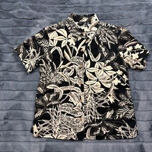 Erika Petite Womens Black Cream Tropical Leaf Linen Blend Button Down Shirt PS